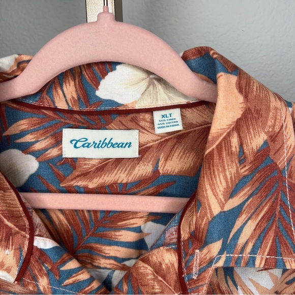 Caribbean Men's Button Down Linen Blend  Short Sleeve Terra Cotta & Blue XLT - Picture 3 of 6